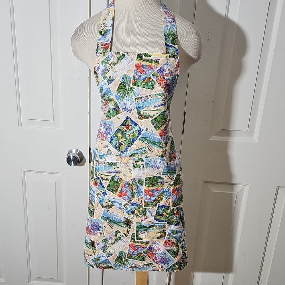 Colorful Postcard Print Apron. Hand Made By Beverly Bee. 2 Pockets.